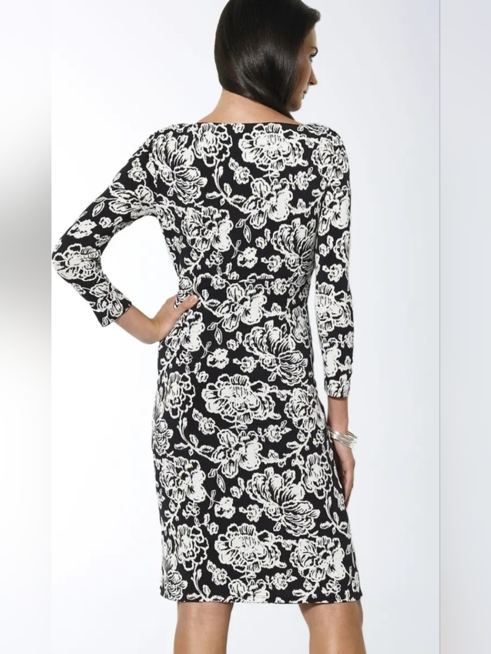 Lauren Ralph Lauren Women's Black & Cream Floral Ruched Jersey Dress ~ Size 6 - Picture 2 of 9